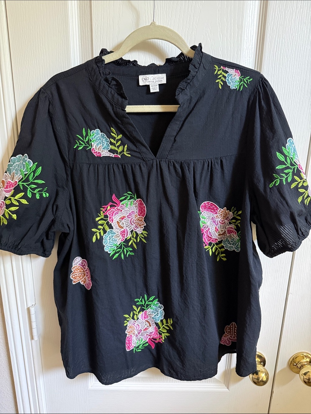 Cato Black Embroidered Floral Peasant Tunic